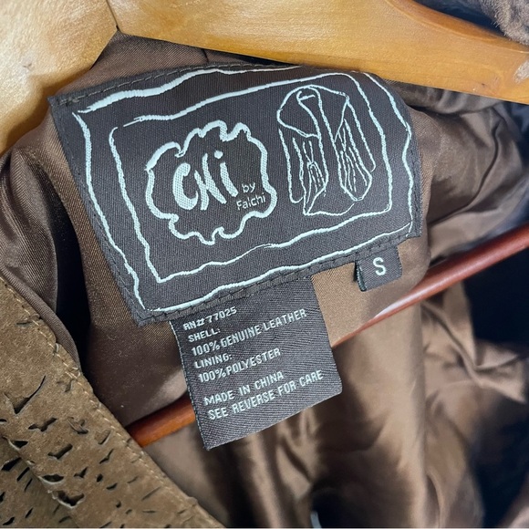 CHI BY FALCHI Women’s Brown Genuine Leather Open Front Cut Out Jacket Size Small - Picture 4 of 17